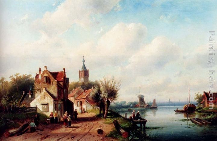 Charles Henri Joseph Leickert A Village Along A River, A Town In The Distance